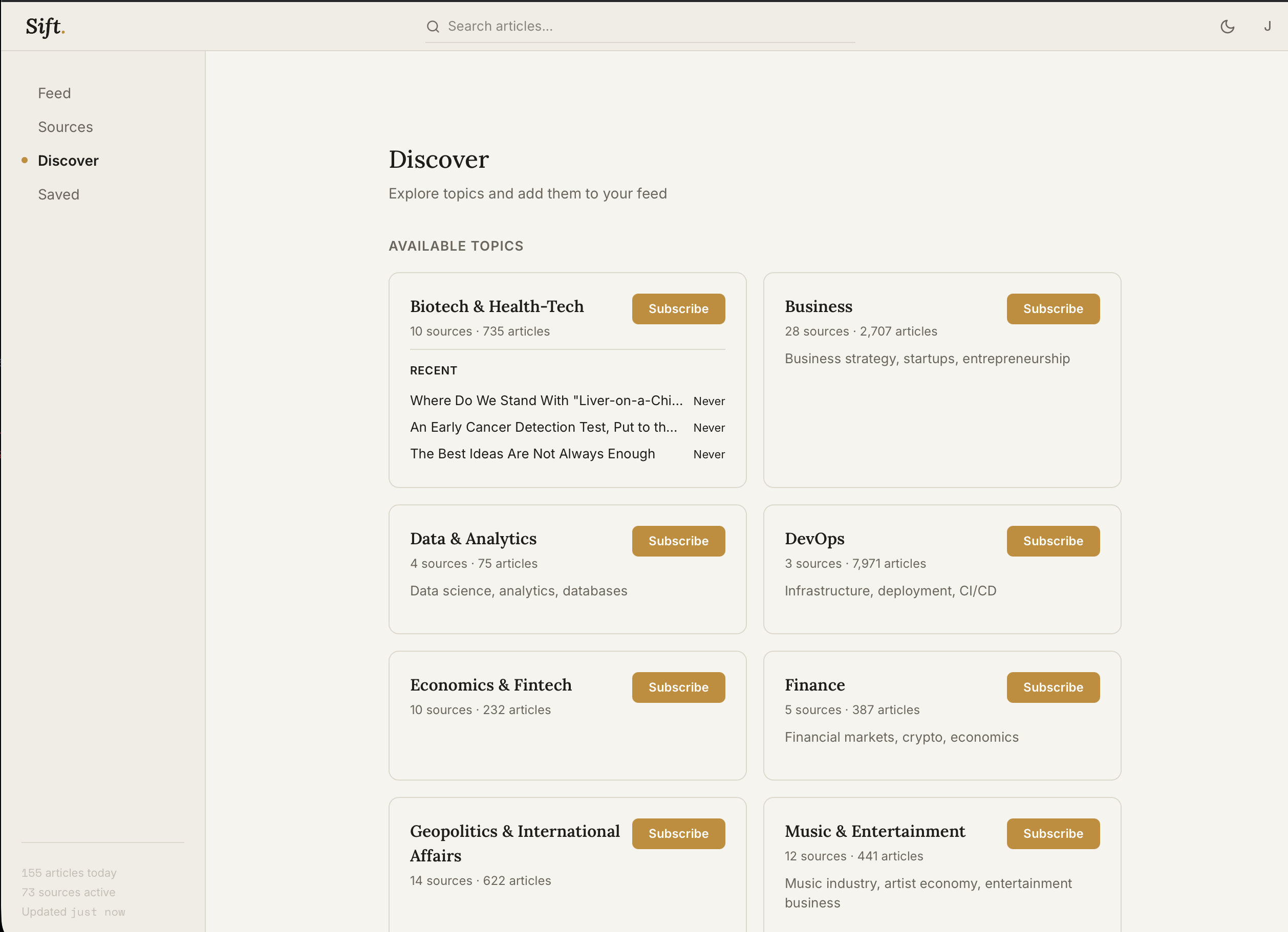 Sift discover view showing available topics
