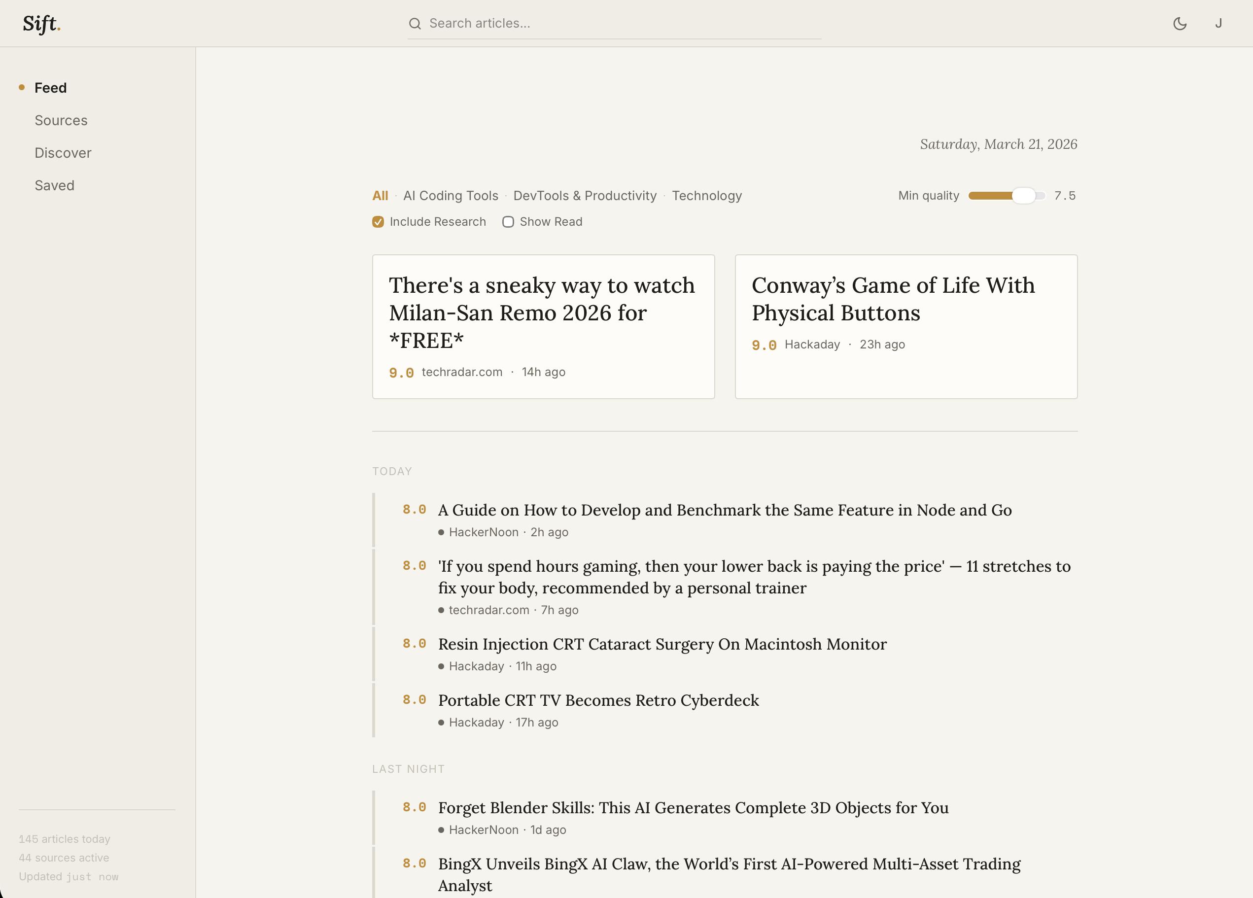 Sift feed view showing quality-scored articles