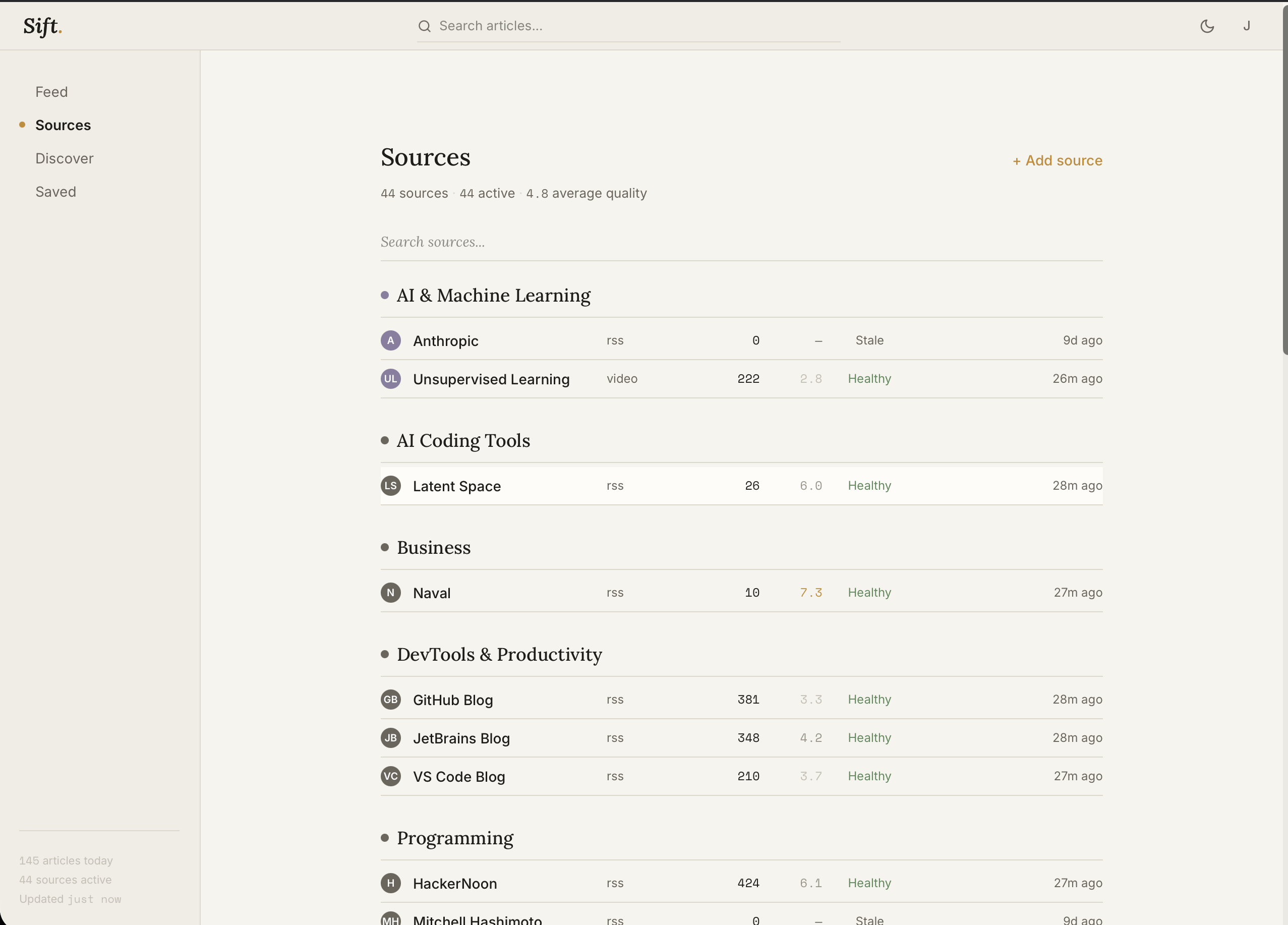 Sift sources view showing feed health and quality scores